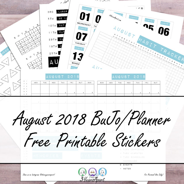 Papers on a desk of daily date, bullet journal trackers, and title free printable stickers