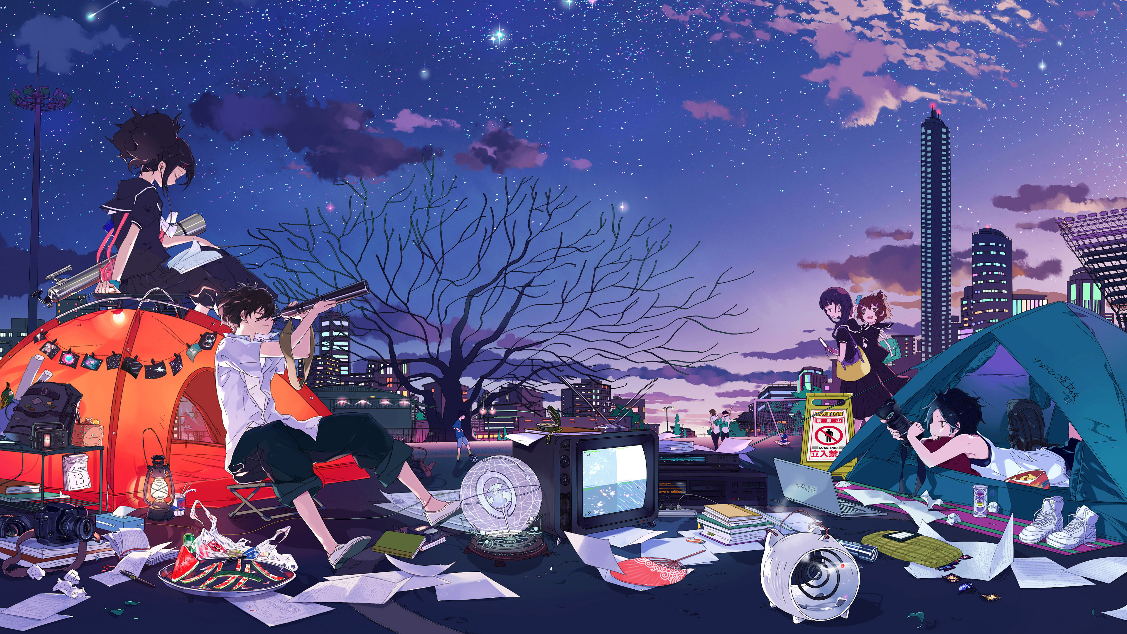 Anime, Students, Camping, Night, Sky, Stars, 4K, #103 Wallpaper