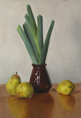 still life oil painting of pears and leek by artist Emilae Belo