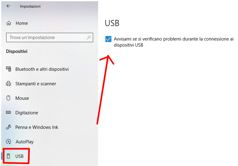 Abilitare notifiche USB in Windows 10