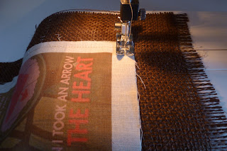 Sewing the muslin with the printed image to burlap back peice