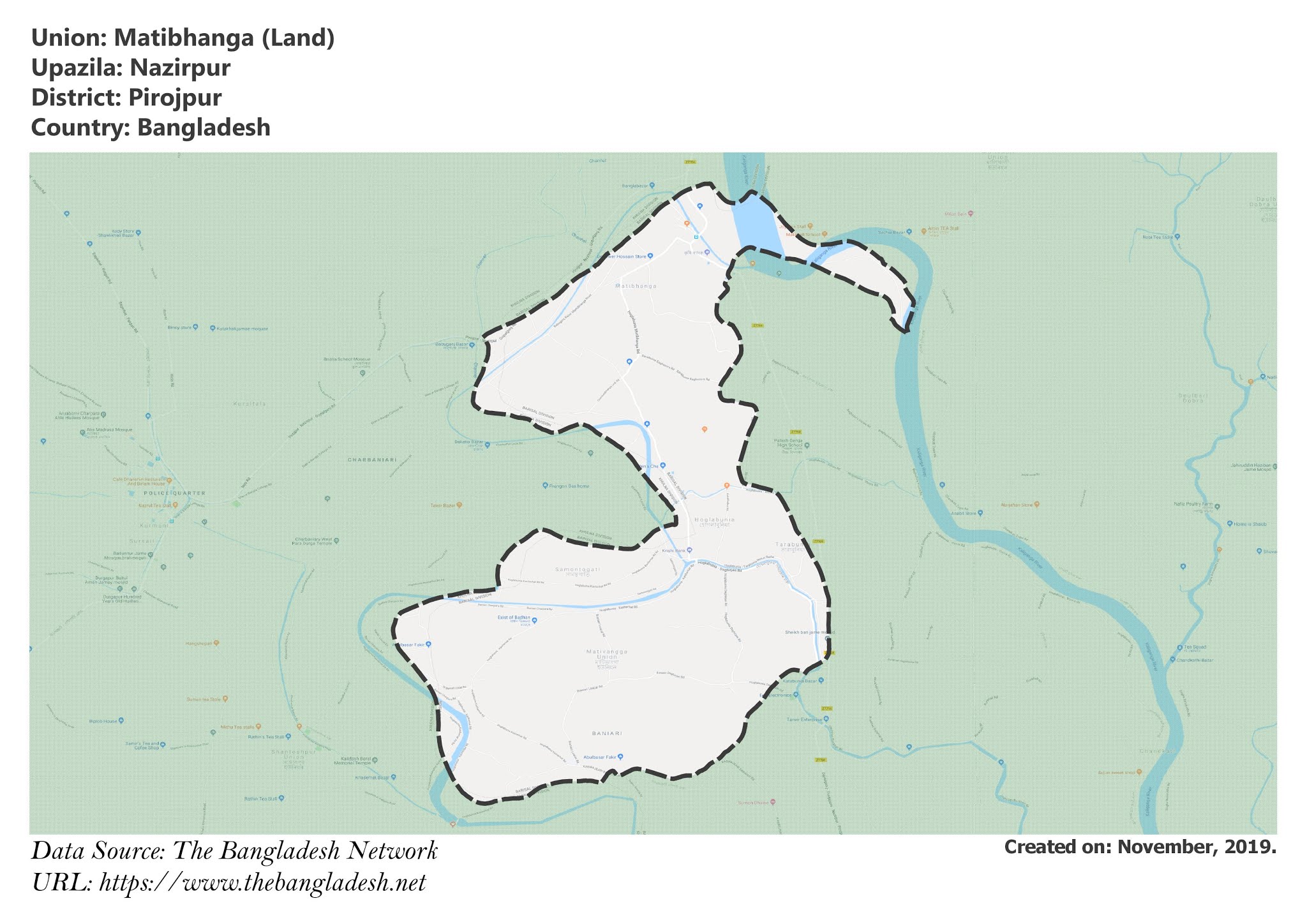 Map of Matibhanga of Pirojpur, Bangladesh.
