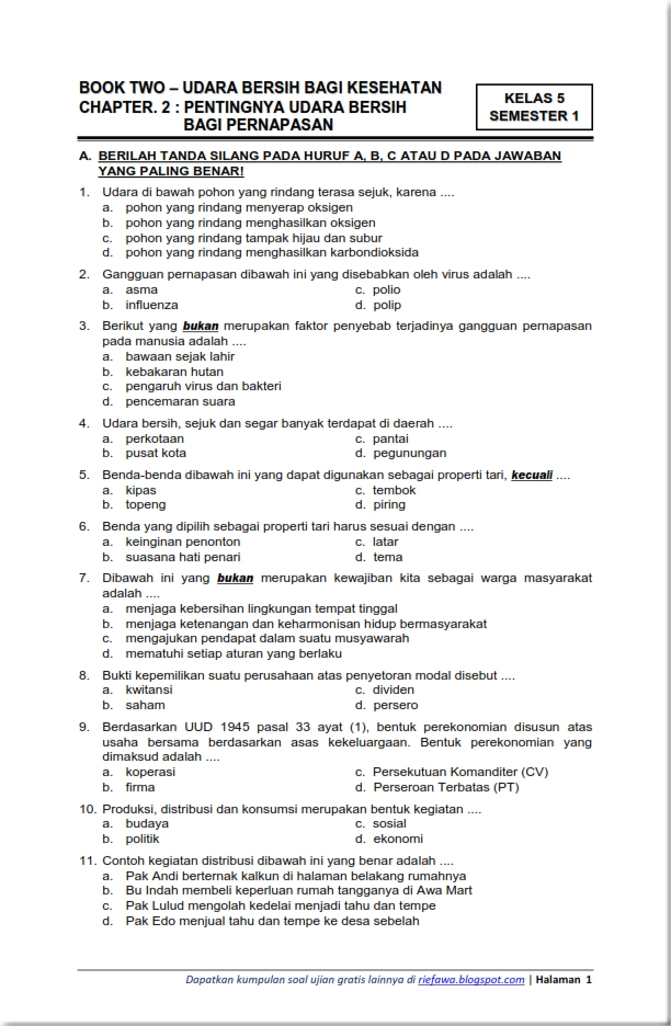 Download Soal Tematik Kelas 5 Semester 1 Tema 2 Subtema 2  Udara Bersih Bagi Kesehatan 