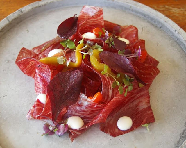 wagyu bresoala with goats curd and fennel bread;  east;  mt martha