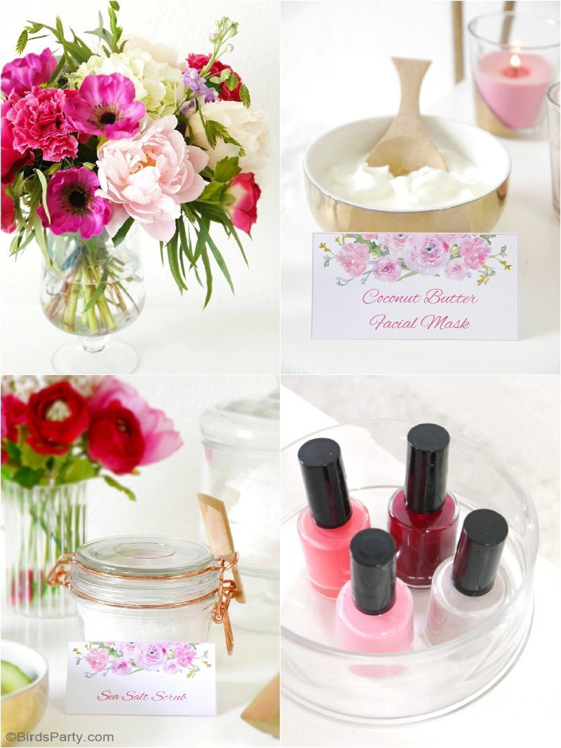 A Relaxing Home Spa Party for Mother's Day  - DIY easy to style party ideas for a spa bar cart and treatments to have a fun, pampering day with mom! by BirdsParty;com @birdsparty #spaparty #athomespa #spapartyideas #spa #mothersday #mothersdayparty #bridalshower
