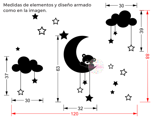 Vinilo Infantil Osito en Luna con Nubes y Estrellas W413 | CDM Vinilos
