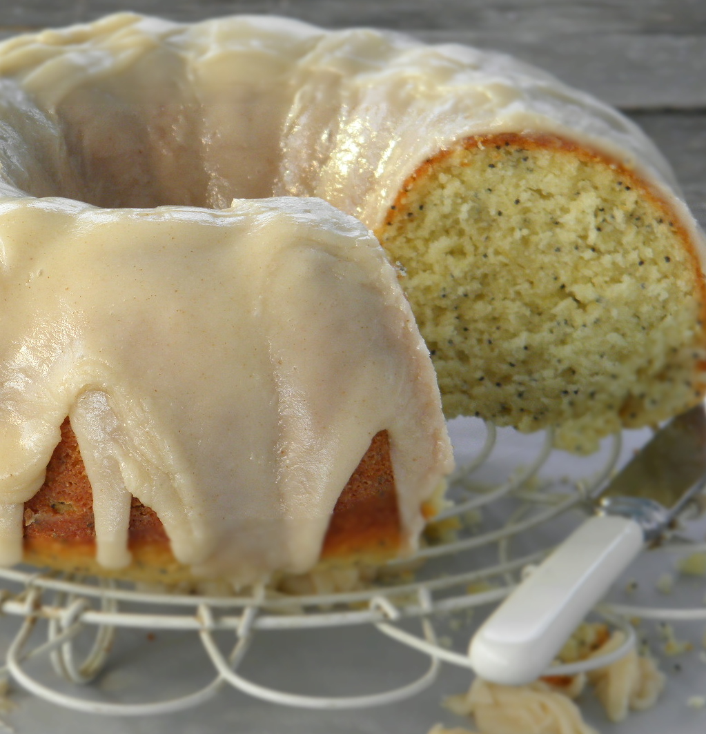 spritz and drizzle lemon poppy seed cake with brown butter icing