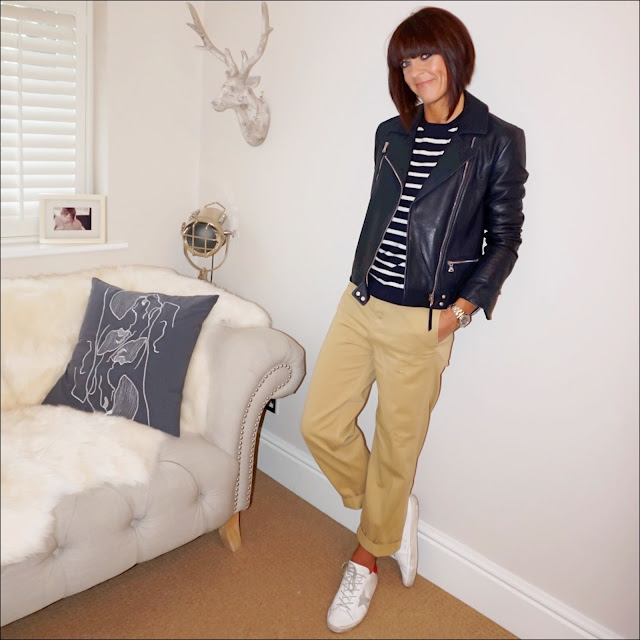 my midlife fashion, massimo dutti leather biker jacket, marks and spencer striped crew neck cashmere jumper, j crew boyfriend chinos, golden goose superstar low top leather trainers