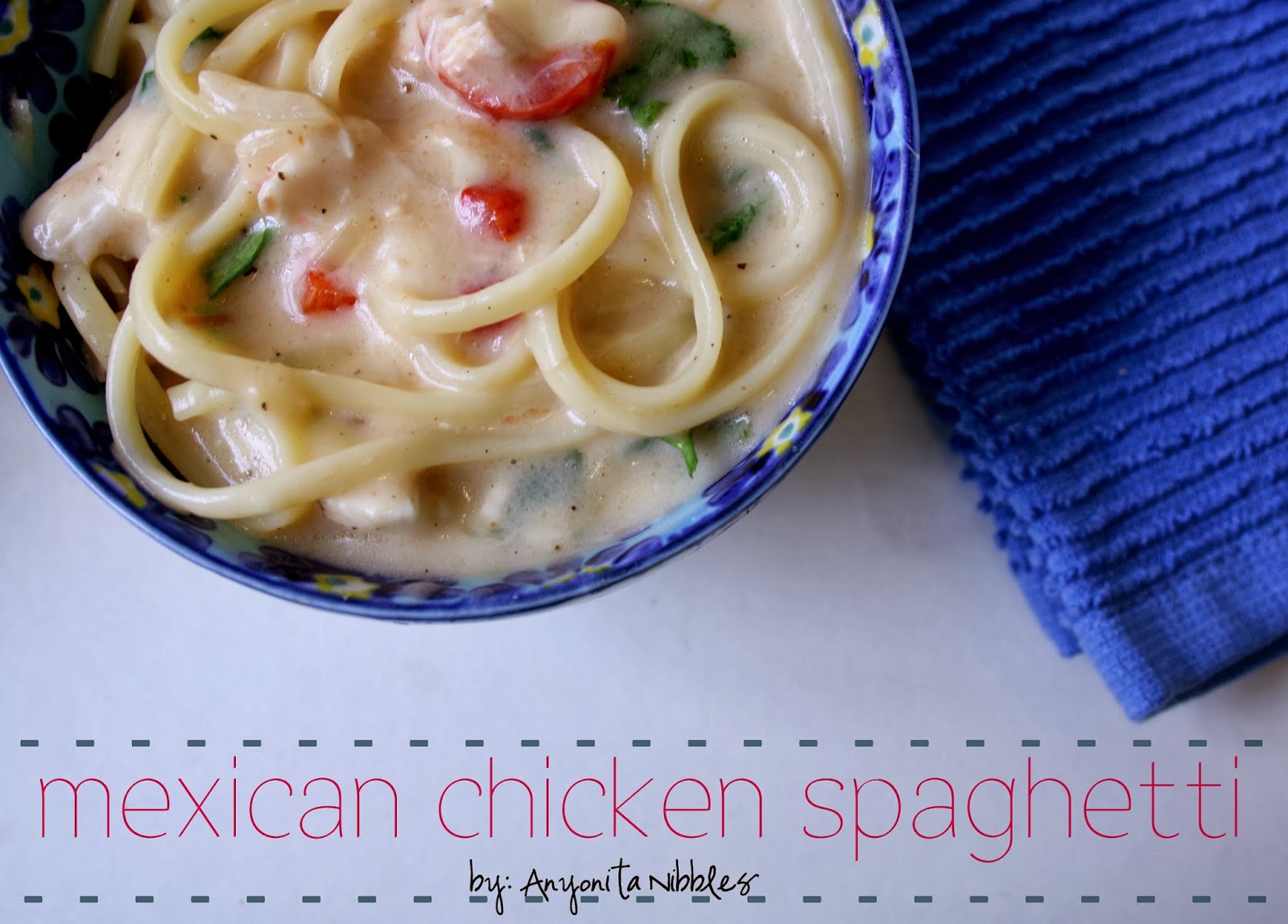 A bowl of creamy Mexican chicken spaghetti ready in under 20 minutes and filling!