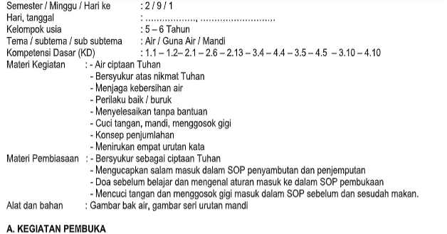 RPPH TK PAUD Kurikulum 2013 Kelompok Usia 56 Tahun Tema