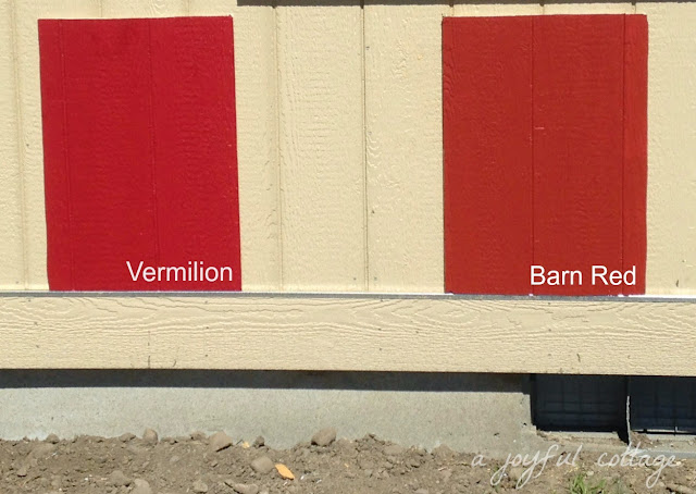 A Joyful Cottage Our New Progress Report 6 I Tested Two Red Paint Samples On Siding Remnants Vermilion By Sherwin Williams And Barn Behr