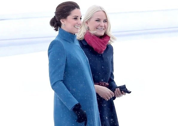 Kate Middleton wears a jacket by Catherine Walker and a maternity dress by Seraphine brand. Mette Marit wore Manolo Blahnik pumps. Queen Sonja