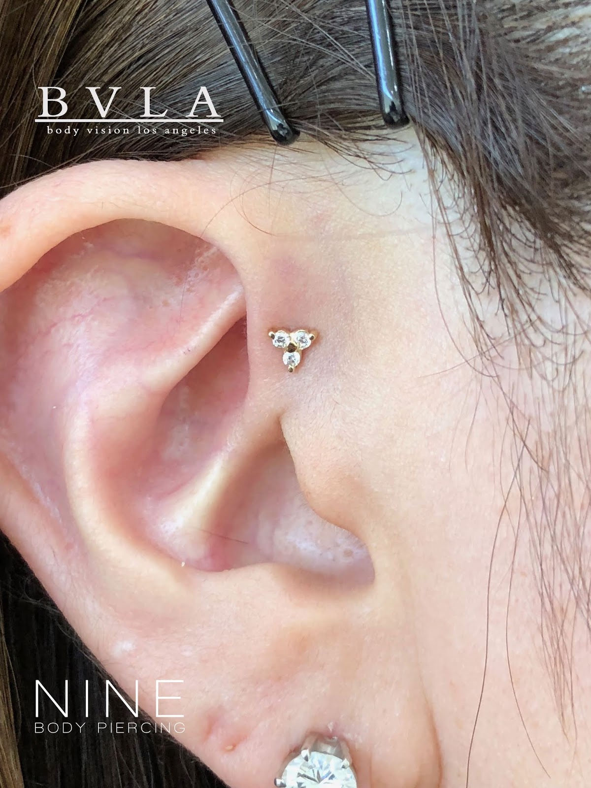 NINE BODY PIERCING BLOG Forward Helix with BVLA Yellow Gold Tri Prong Cluster!!! フォワードヘリックス