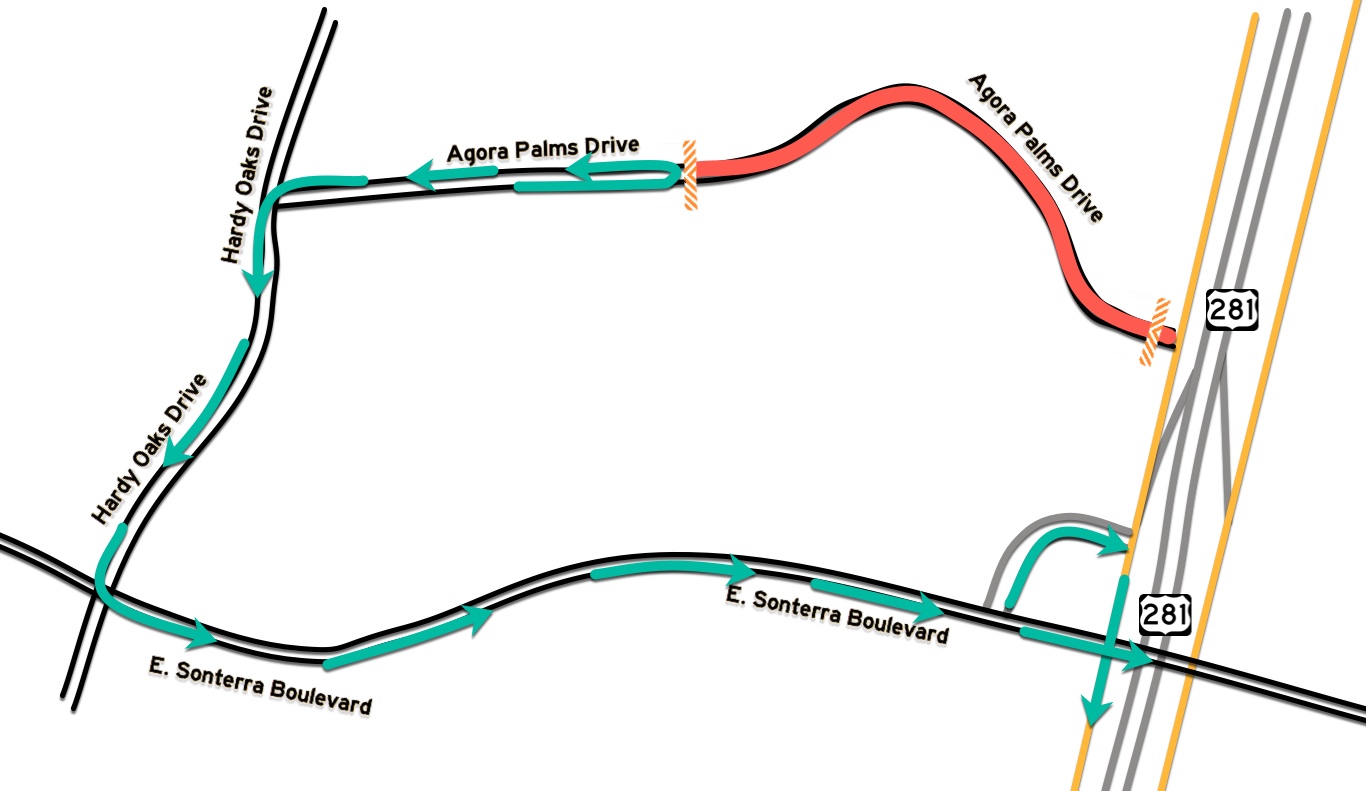 also starting on tuesday july 31 2018 thru tuesday august 7 2018 eastbound agora palms drive at the approach to us 281 will be closed also starting on tuesday july 31 2018 thru tuesday august 7 2018 eastbound agora palms drive at the approach to us 281 will be closed