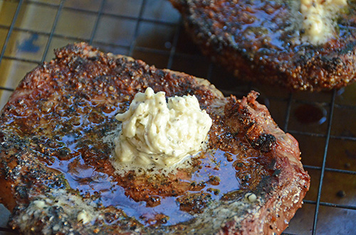 Certified Angus Beef ribeyes with gorgonzola compound butter
