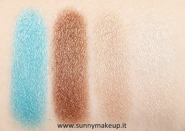 Pupa - Coral Island. Vamp! Compact Eyeshadow. 001 Emerald Waves, 002 Bronze Passion, 003 Sandy Glam, 004 Golden Light. swatch