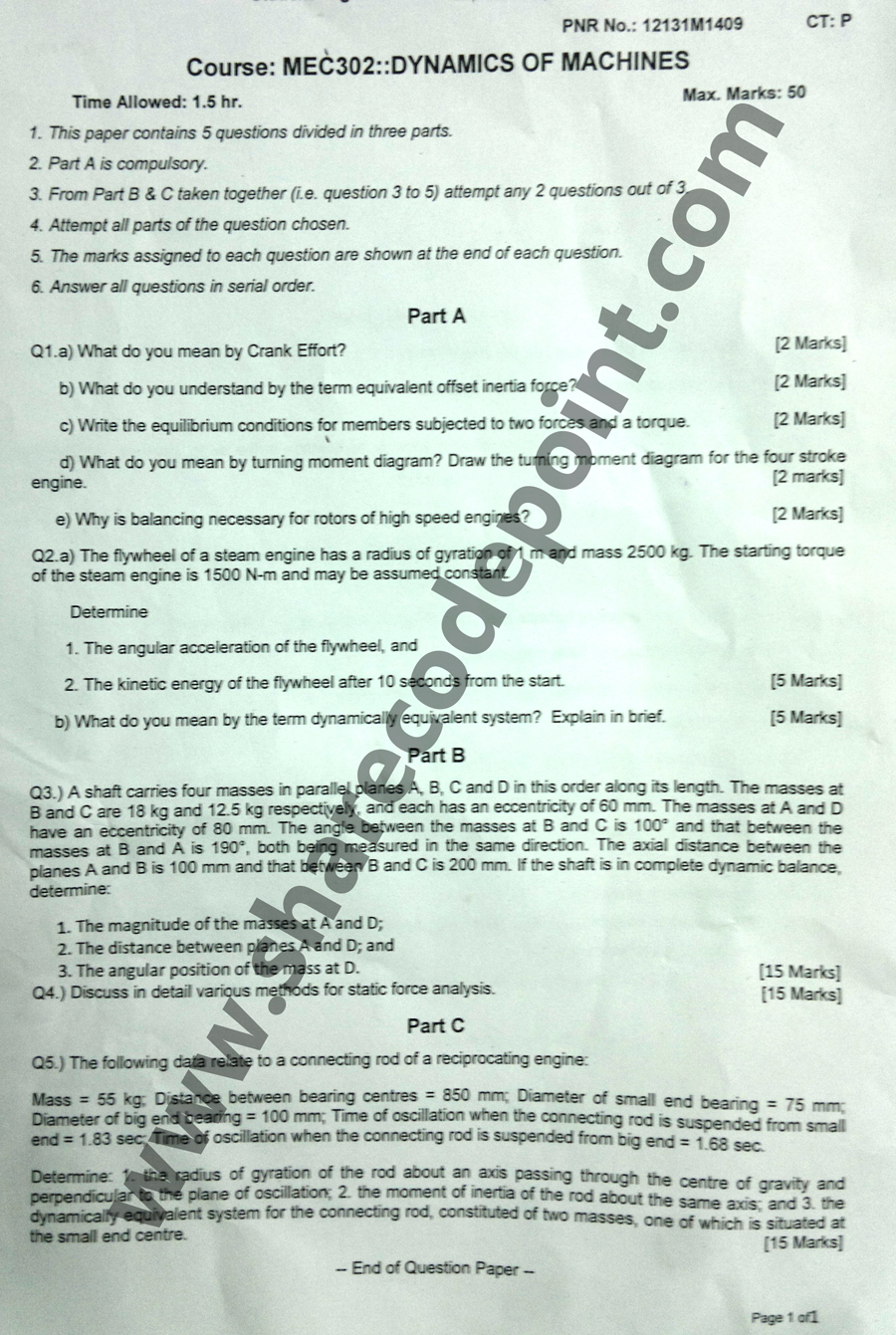 MEC302 Dynamics of Machines Mid Term Exam Question Paper Mechanical