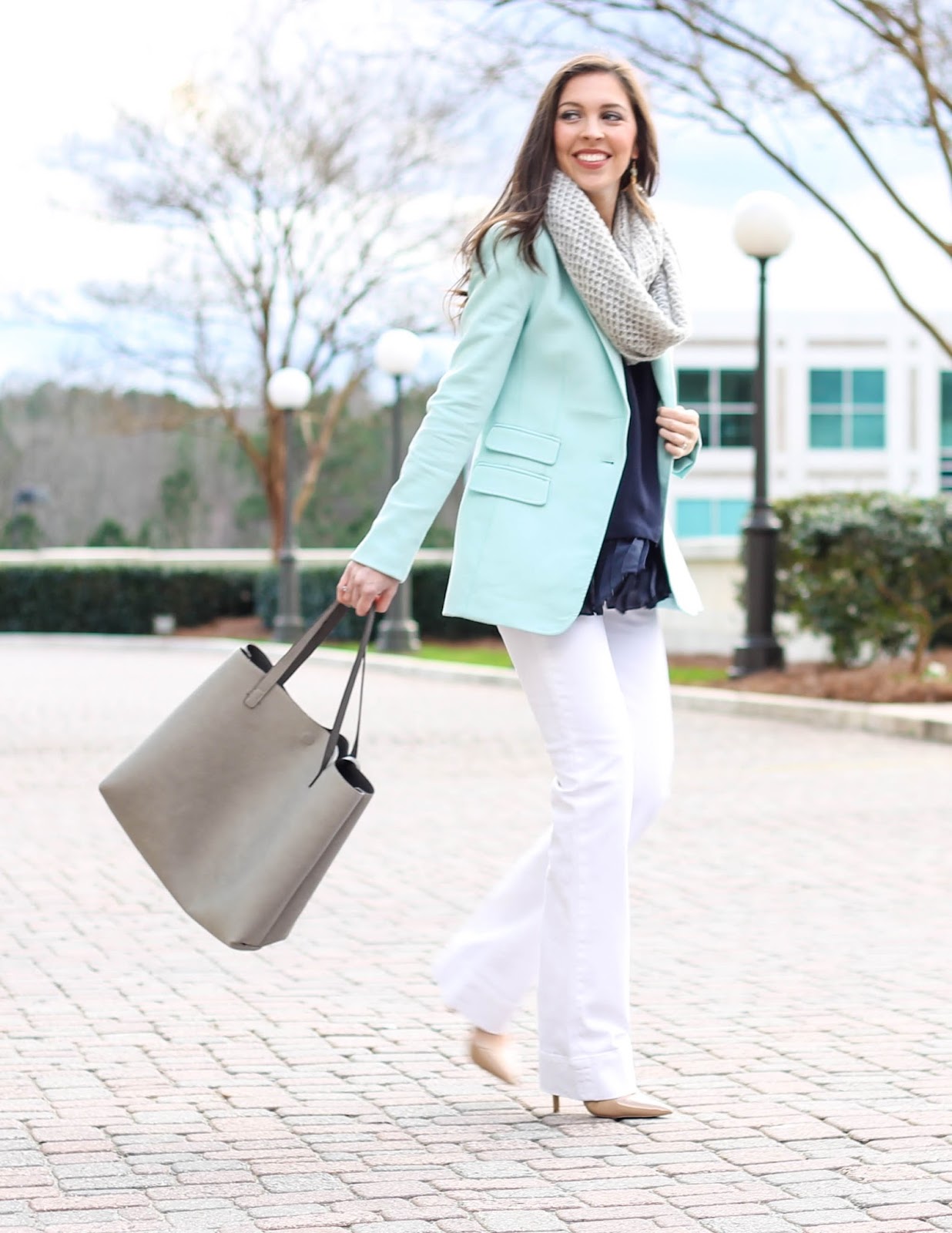 Raven and Riley earrings, Mint Blazer, Banana Republic turquoise blazer, grey knit infinity scarf, white denim wide leg trouser pants, cute winter outfit, winter outfit ideas, work outfit, cute work appropriate outfit, business casual outfit ideas, fashion blogger, north carolina blogger, pretty in the pines blog, LOFT wide leg white pants, 2016 trends, pastel blazer