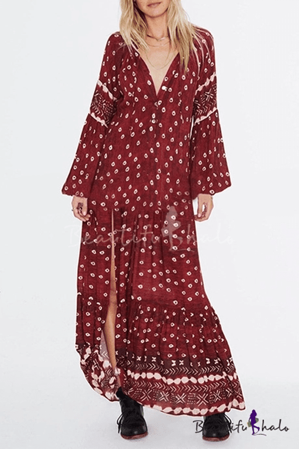 Women's Fashion Ethnic Floral Printed V-Neck Long Sleeve Sexy Split Front Burgundy Maxi Beach Dress