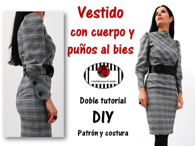 DIY. Vestido de cuadros príncipe de gales con cuerpo y puños al bies. Patrón (molde) y costura