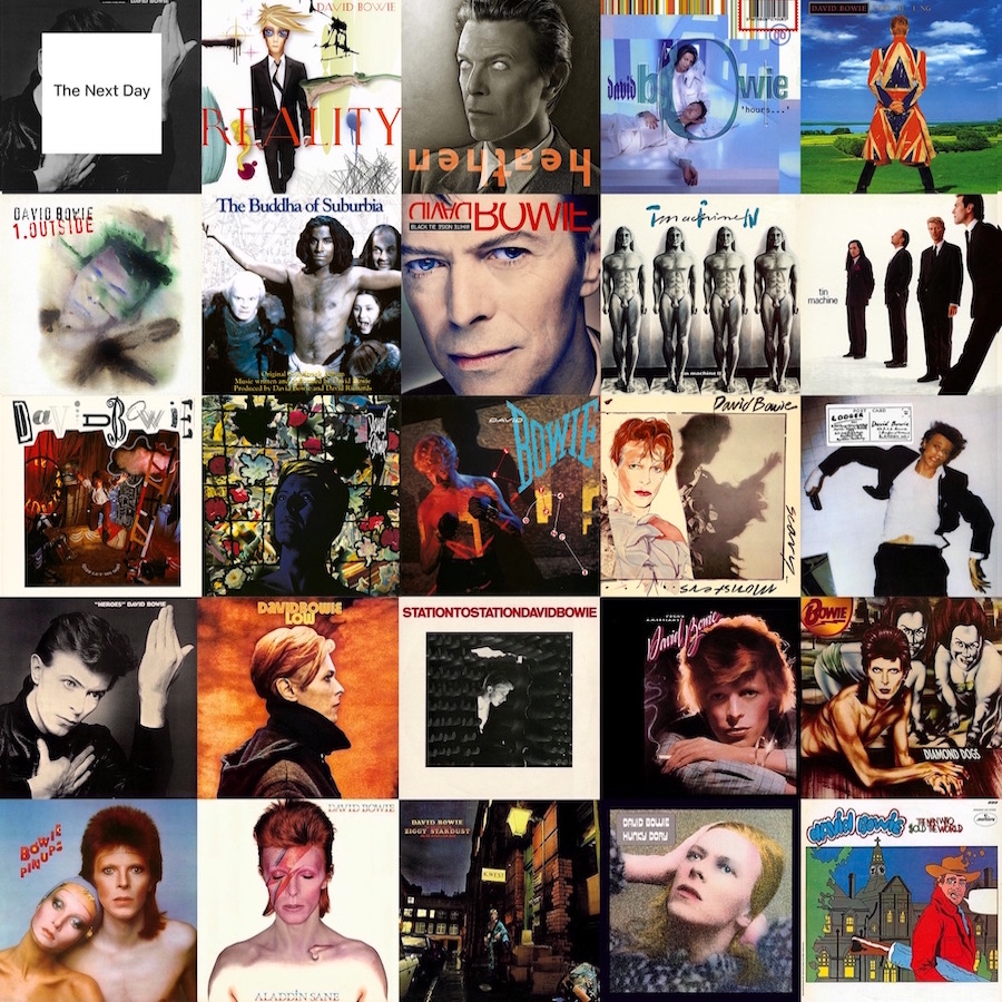 Ashes to ashes
Funk to funky Grid of covers to 25 David Bowie albums in reverse chronological order