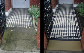 Restored Victorian mosaic path and York stone threshold