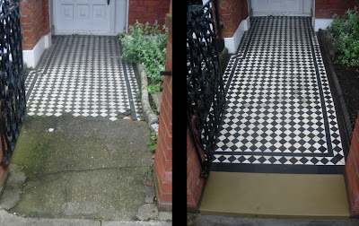 Restored Victorian mosaic path and York stone threshold