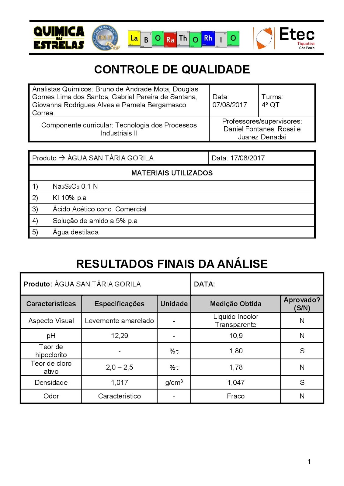 Quimica nas Estrelas ANALISE QUÍMICA DE ÁGUA SANITÁRIA GORILA LTDA Quimica nas Estrelas ANALISE QUÍMICA DE ÁGUA SANITÁRIA GORILA LTDA