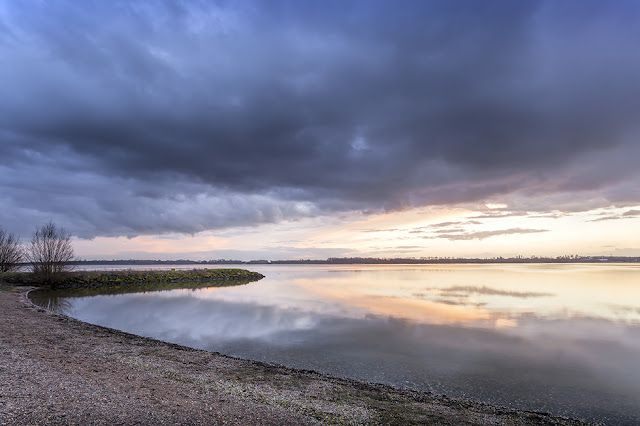 Grafham Water at dusk as the beautiful sunset colours slowly fade