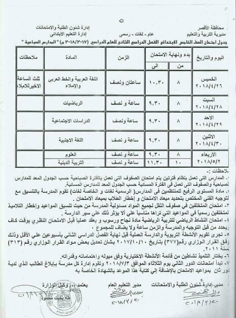 جدول مواعيد امتحانات اخر العام 2018 محافظة الاقصر