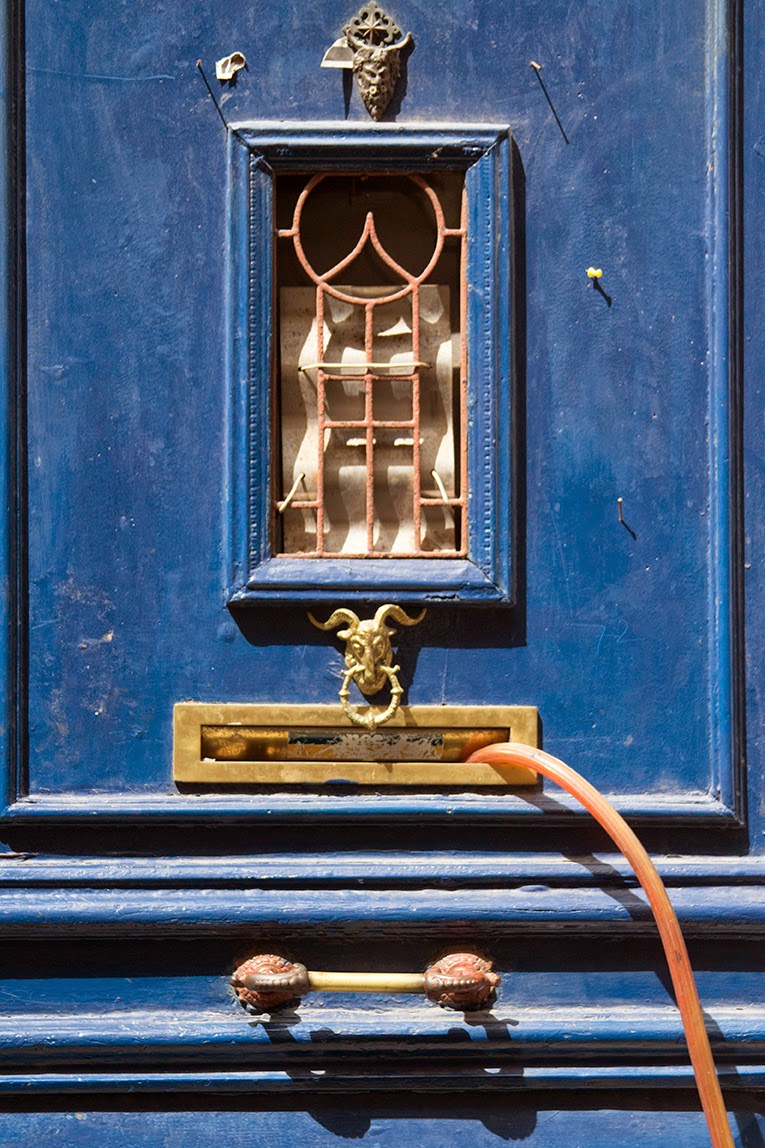 blue door with hose