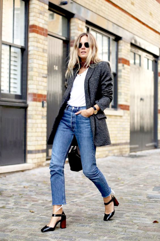 4. With chunky heeled sandals and a blazer in a muted color, frayed ...