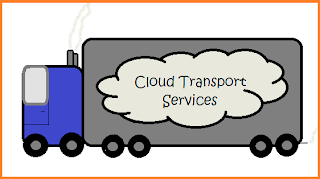 Sketch of a semi truck with a cloud painted on the side.  Words within the cloud say Cloud Transport Services.