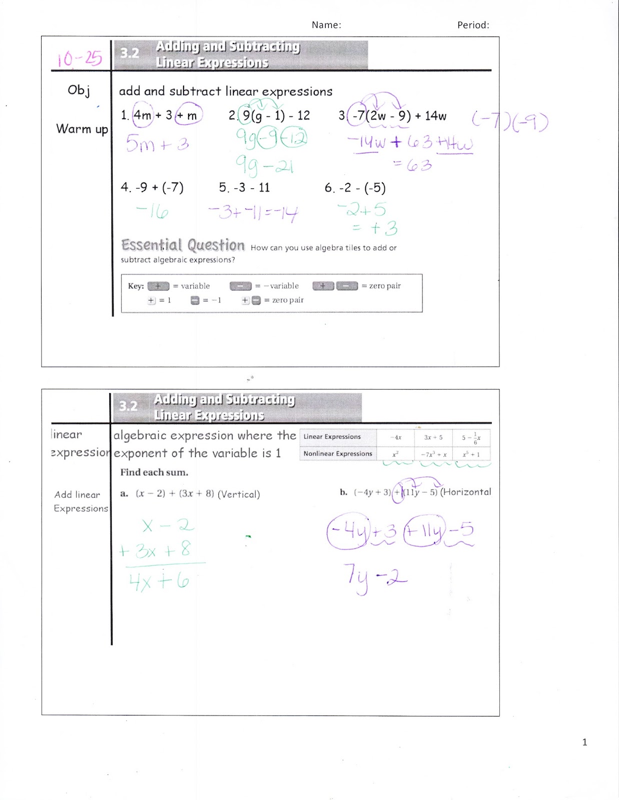 Ms. Jean's Classroom Blog: 3.2 Adding and Subtracting Linear Expressions