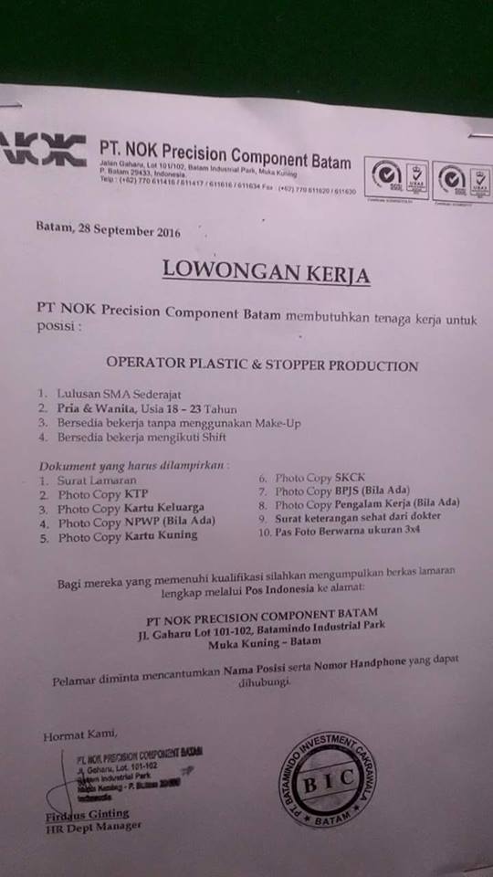 Lowongan Kerja Pt Nok Precision Component Batam