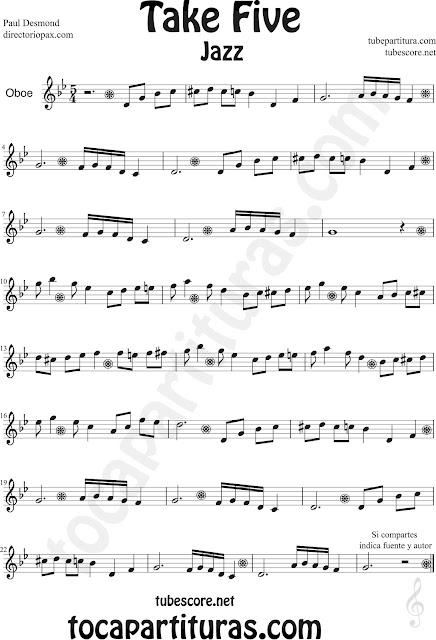 Partitura de Take Five para Oboe Paul Desmond Oboe Sheet Music by The Dave Brubeck Quartet Recorder. Partituras de Jazz en diegosax Take Five para tocar con tu instrumento y la música original de la canción
