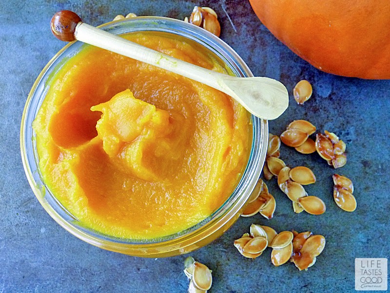 Easy Homemade Pumpkin Puree Recipe | by Life Tastes Good is so much better than the canned stuff!! Toss out the can and all the extra stuff that comes with it, and make fresh pumpkin puree for real pumpkin flavor! #PumpkinWeek #Puree