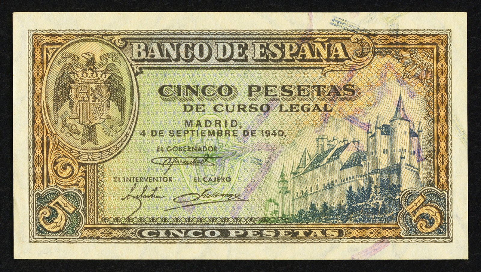 Spain 5 Pesetas Banknote 1940 Alcazar Of Segovia World Banknotes spain-5-pesetas-banknote-1940-alcazar-of-segovia-world-banknotes