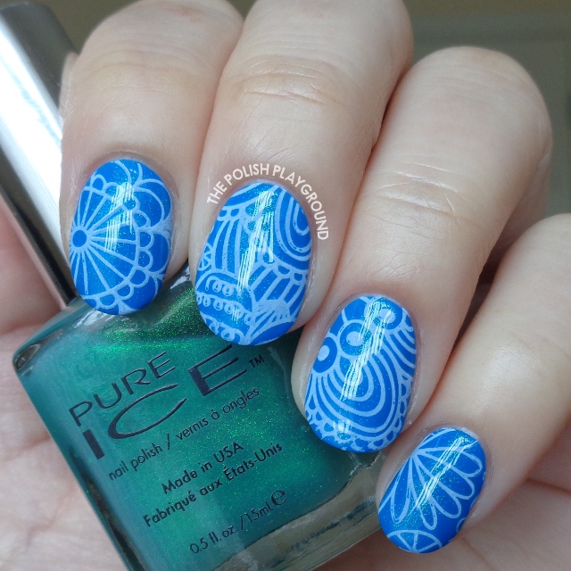 Blue Shimmer with White Abstract Stamping Nail Art