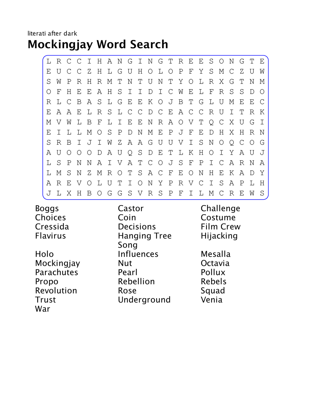 Literati After Dark Mockingjay Word Search