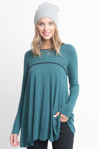 Shop for Hunter green pom pom trim long sleeve jersey tunic top on caralase.com