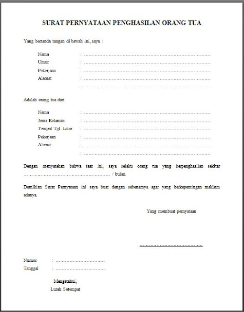 Contoh Surat Keterangan Slip Gaji Orang Tua Kumpulan Surat