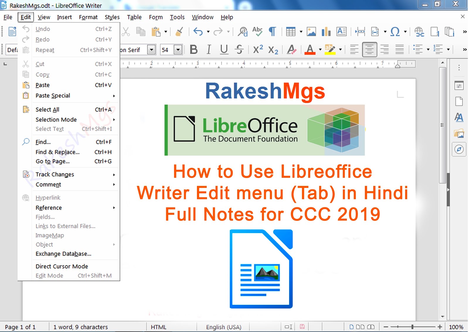 How to Use Libreoffice Writer Edit menu (Tab) in Hindi Full Notes for
