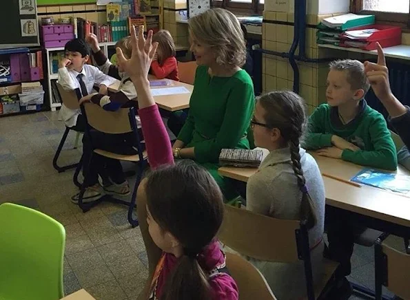 Queen Mathilde of Belgium visits the Victor Horta school Saint-Gilles in Brussels.