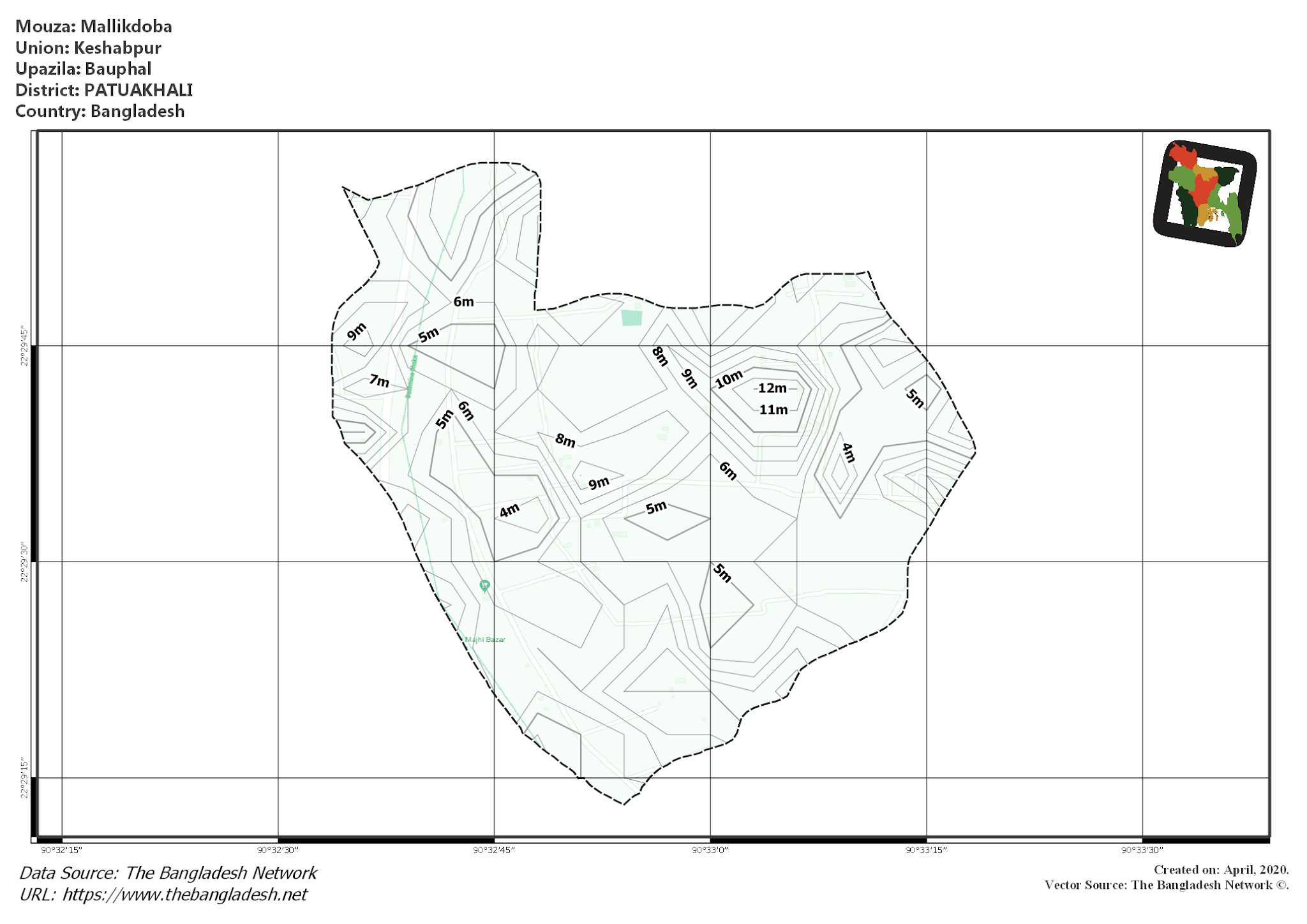 Map of Mallikdoba Mouza of Bauphal Upazila, PATUAKHALI, Bangladesh.