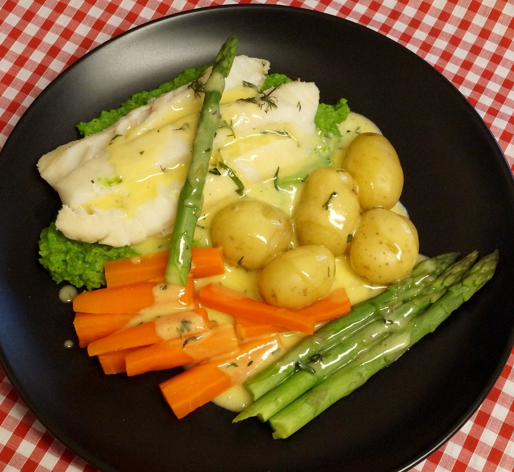 Jenny Eatwell's Rhubarb & Ginger Baked cod on pea puree with beurre