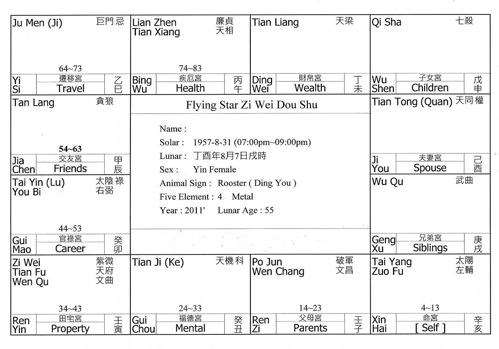 Zi Wei Dou Shu Chart Interpretation