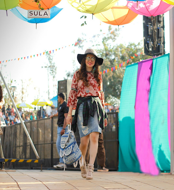 Vero Moda Sula Fest'16 Vero Moda Sula Fest'16, Vero Moda Paisley Bell-sleeve top, ripped denim skirt, plaid shirt, boho-chic, 70's fashion,music festival look, floppy hat, back-pack