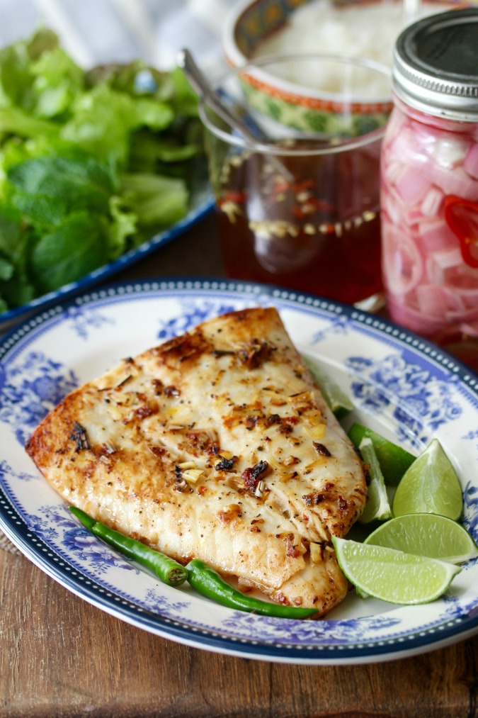 Vietnamese-Style Pan Fried Halibut with Lemongrass and Nước Chấm Dipping Sauce