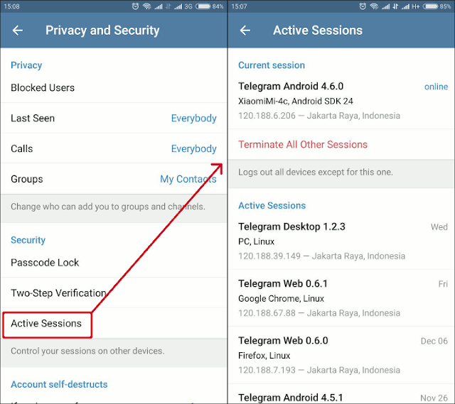 Jendela pengaturan sesi aktif Telegram di Android